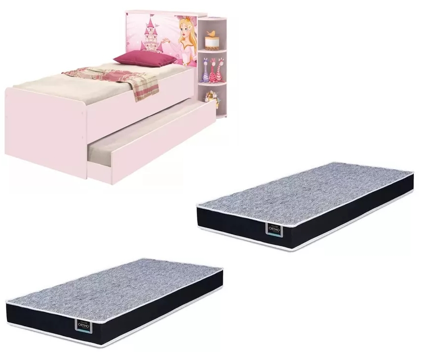 Base Cama Baú Solteiro Princesas Rosa Bicama Multiuso com Base Auxiliar e 03 Prateleiras + 2 Colchão De Espuma D28