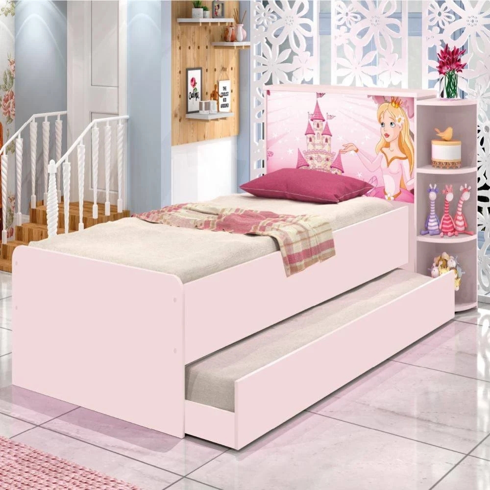 Base Cama Baú Solteiro Princesas Rosa Bicama Multiuso com Base Auxiliar e 03 Prateleiras + 2 Colchão De Espuma D28