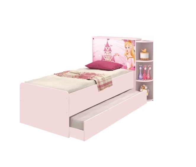 Base Cama Baú Solteiro Princesas Rosa Bicama Multiuso com Base Auxiliar e 03 Prateleiras + 2 Colchão De Espuma D28