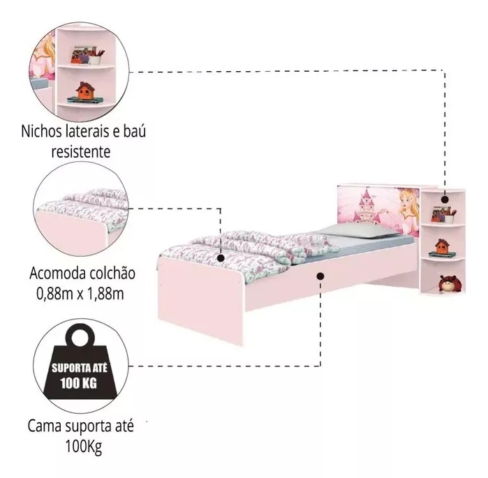 Base Cama Baú Solteiro Princesas Rosa Bicama Multiuso com Base Auxiliar e 03 Prateleiras + 2 Colchão De Espuma D28