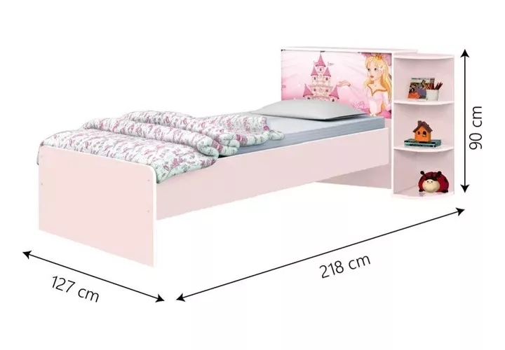 Base Cama Baú Solteiro Princesas Rosa Bicama Multiuso com Base Auxiliar e 03 Prateleiras + 2 Colchão De Espuma D28