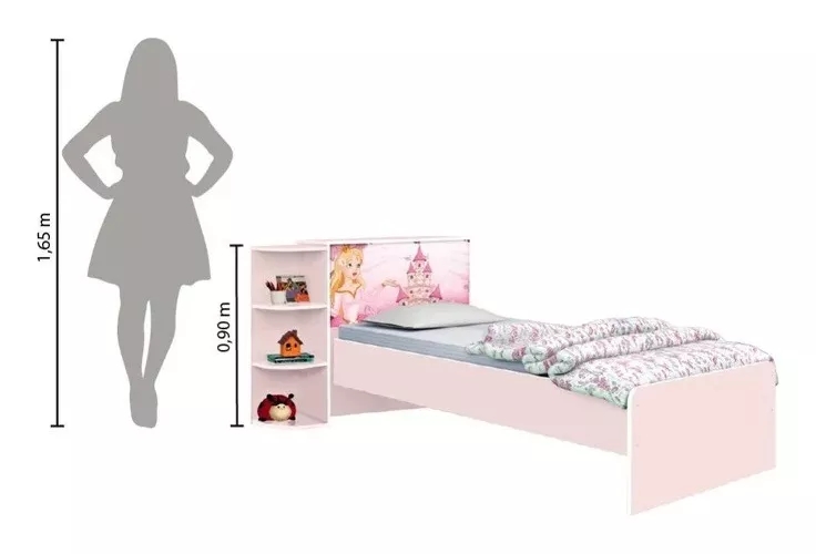 Base Cama Baú Solteiro Princesas Rosa Bicama Multiuso com Base Auxiliar e 03 Prateleiras + 2 Colchão De Espuma D28