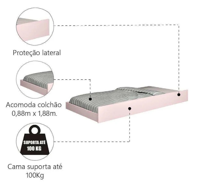 Base Cama Baú Solteiro Princesas Rosa Bicama Multiuso com Base Auxiliar e 03 Prateleiras + 2 Colchão De Espuma D28