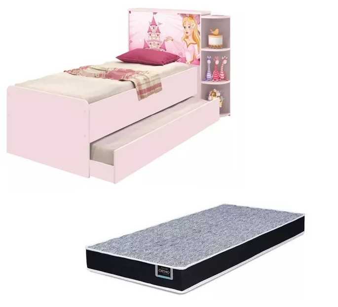 Base Cama Baú Solteiro Princesas Rosa Bicama Multiuso com Base Auxiliar e 03 Prateleiras + Colchão De Espuma D28