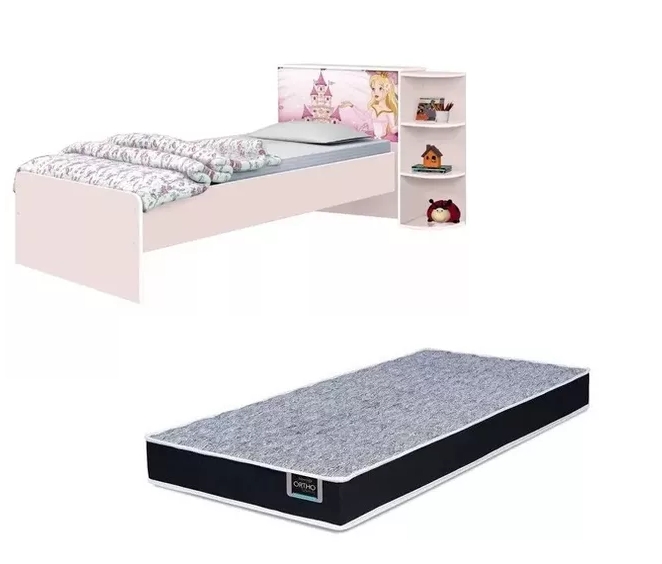 Base Cama Baú Solteiro Princesas Rosa com Baú Multiuso e 03 Prateleiras + 1 Colchão De Espuma D28