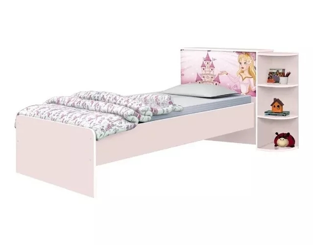 Base Cama Baú Solteiro Princesas Rosa com Baú Multiuso e 03 Prateleiras + 1 Colchão De Espuma D28
