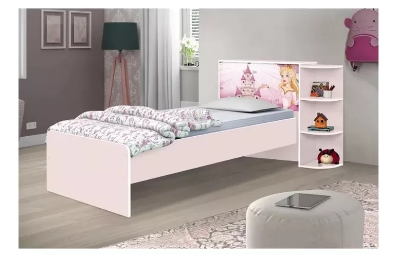 Base Cama Baú Solteiro Princesas Rosa com Baú Multiuso e 03 Prateleiras + 1 Colchão De Espuma D28