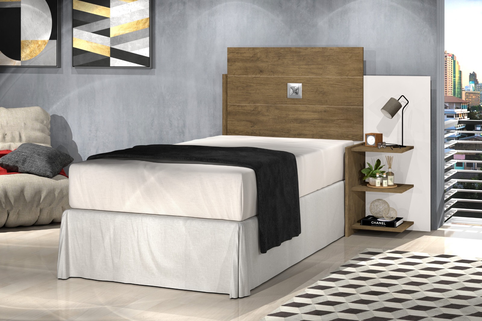 Cabeceira Para Cama Box Solteiro Moderna  Off White Com Mesa Lateral 3 Prateleiras Espaçosa Ao