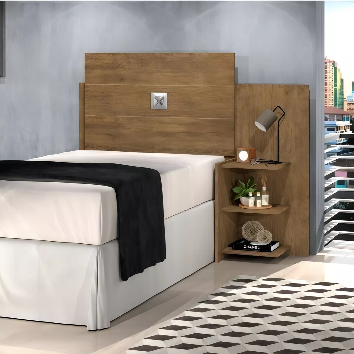 Cabeceira Para Cama Box Solteiro Moderna Marrom Com Mesa Lateral 3 Prateleiras Espaçosa Ao