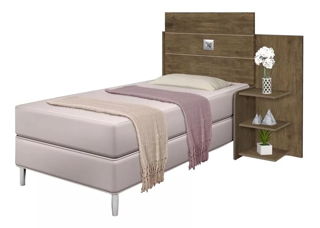 Cabeceira Para Cama Box Solteiro Moderna Marrom Com Mesa Lateral 3 Prateleiras Espaçosa Ao