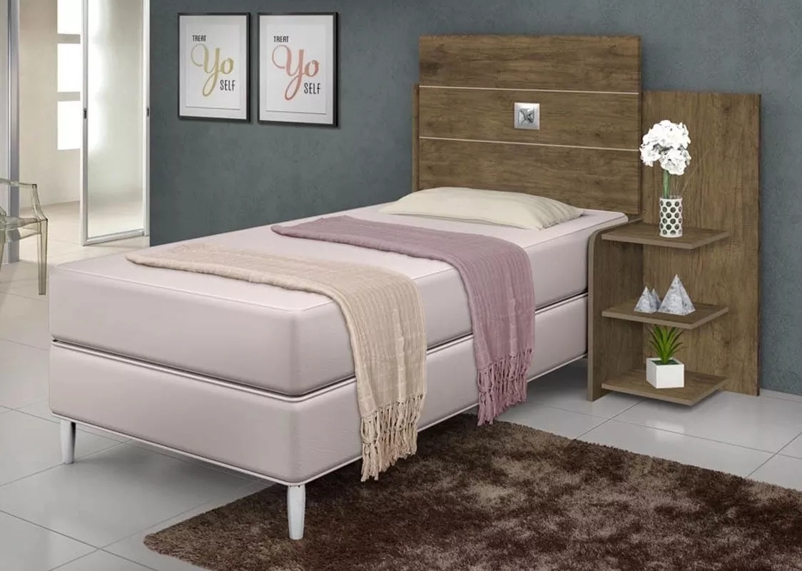 Cabeceira Para Cama Box Solteiro Moderna Marrom Com Mesa Lateral 3 Prateleiras Espaçosa Ao