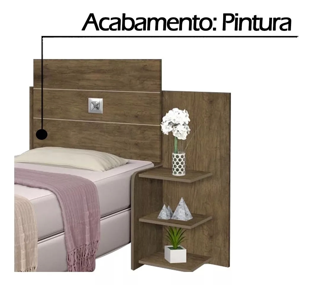 Cabeceira Para Cama Box Solteiro Moderna Marrom Com Mesa Lateral 3 Prateleiras Espaçosa Ao