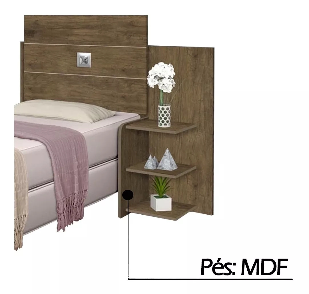Cabeceira Para Cama Box Solteiro Moderna Marrom Com Mesa Lateral 3 Prateleiras Espaçosa Ao