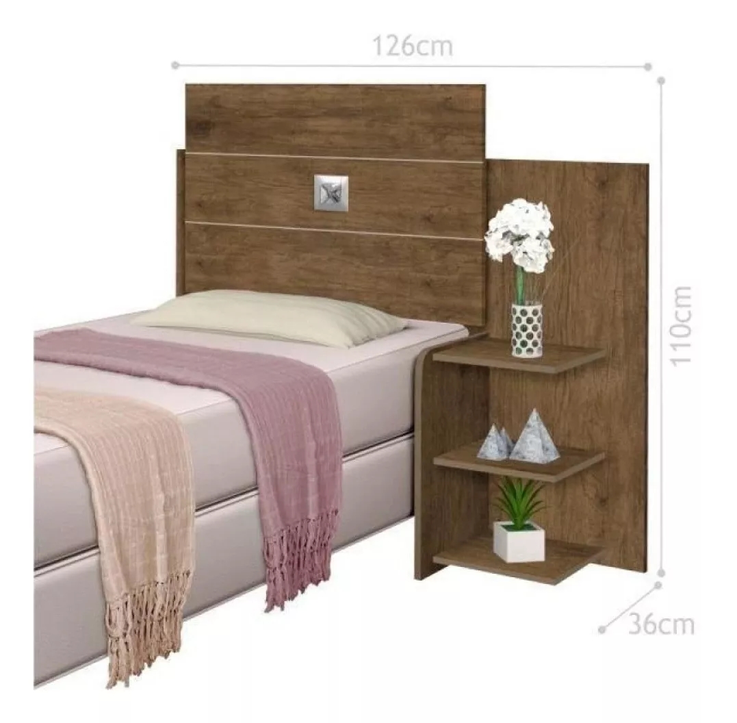 Cabeceira Para Cama Box Solteiro Moderna Marrom Com Mesa Lateral 3 Prateleiras Espaçosa Ao