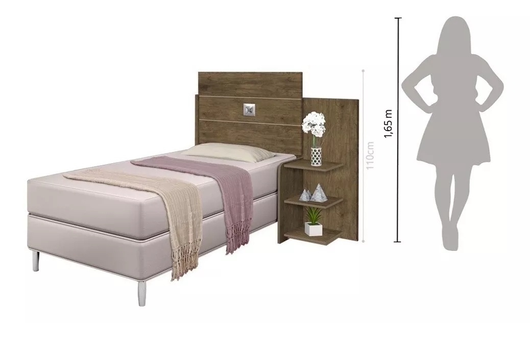 Cabeceira Para Cama Box Solteiro Moderna Marrom Com Mesa Lateral 3 Prateleiras Espaçosa Ao