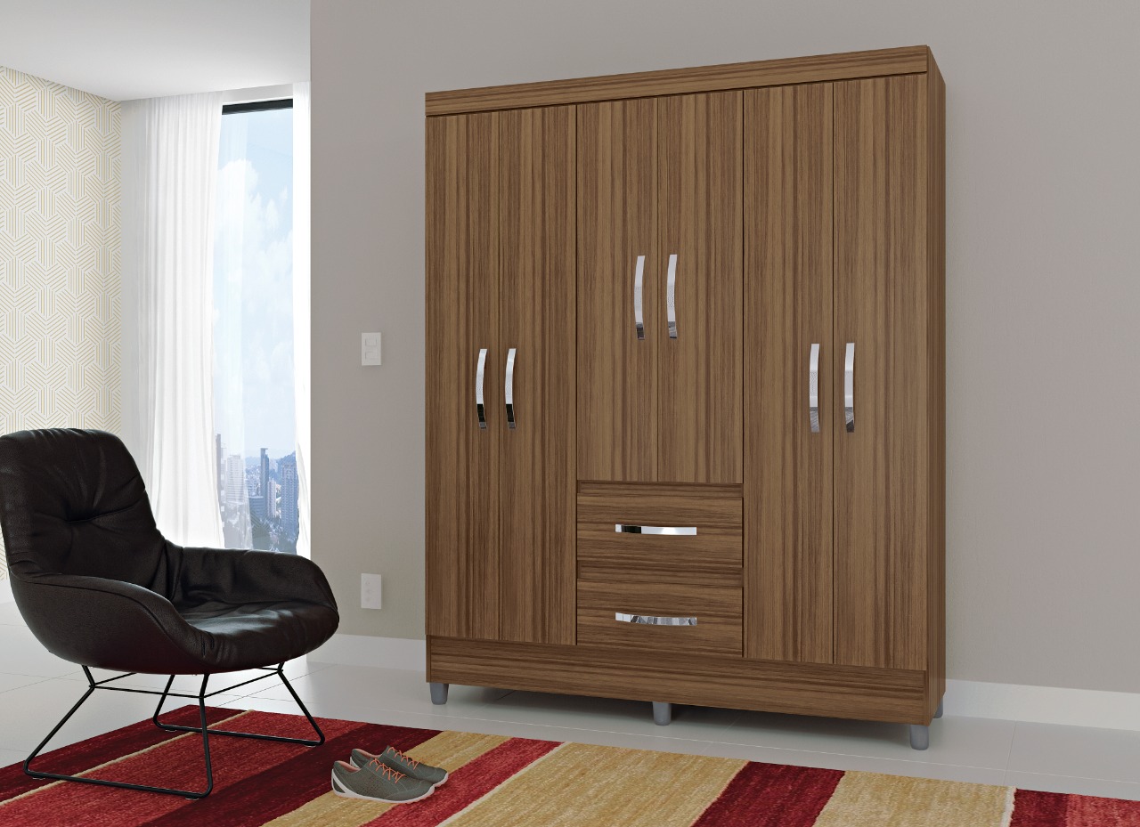 Guarda Roupa Roupeiro De Casal 6 Portas Marrom com Pés Cabideiro 1,50x1,88 Viena