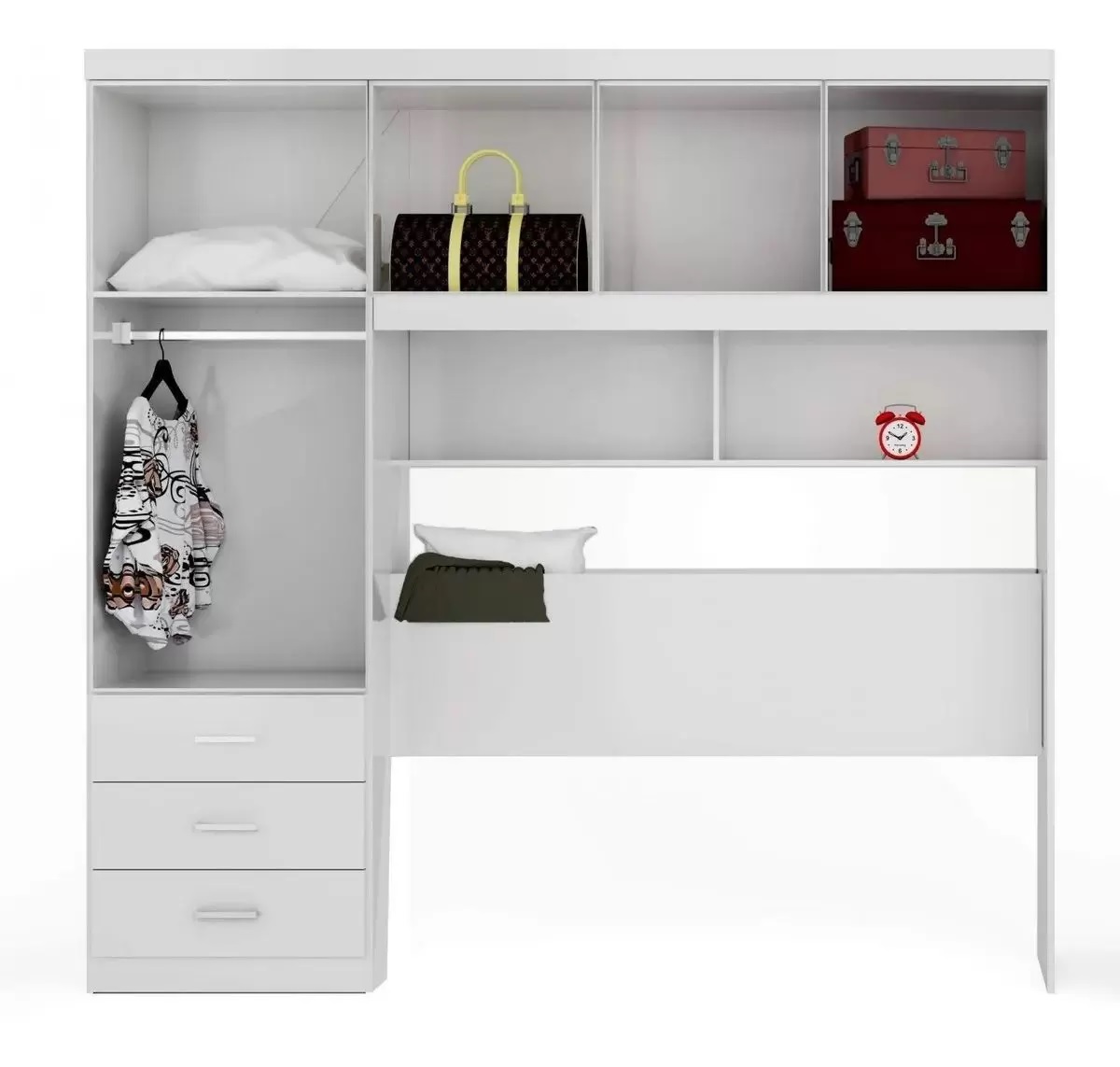Kit 2x1 Guarda Roupa Roupeiro De Casal Branco + Cabeceira com Baú Interno Luxo 2,05 x 2,00 Cc