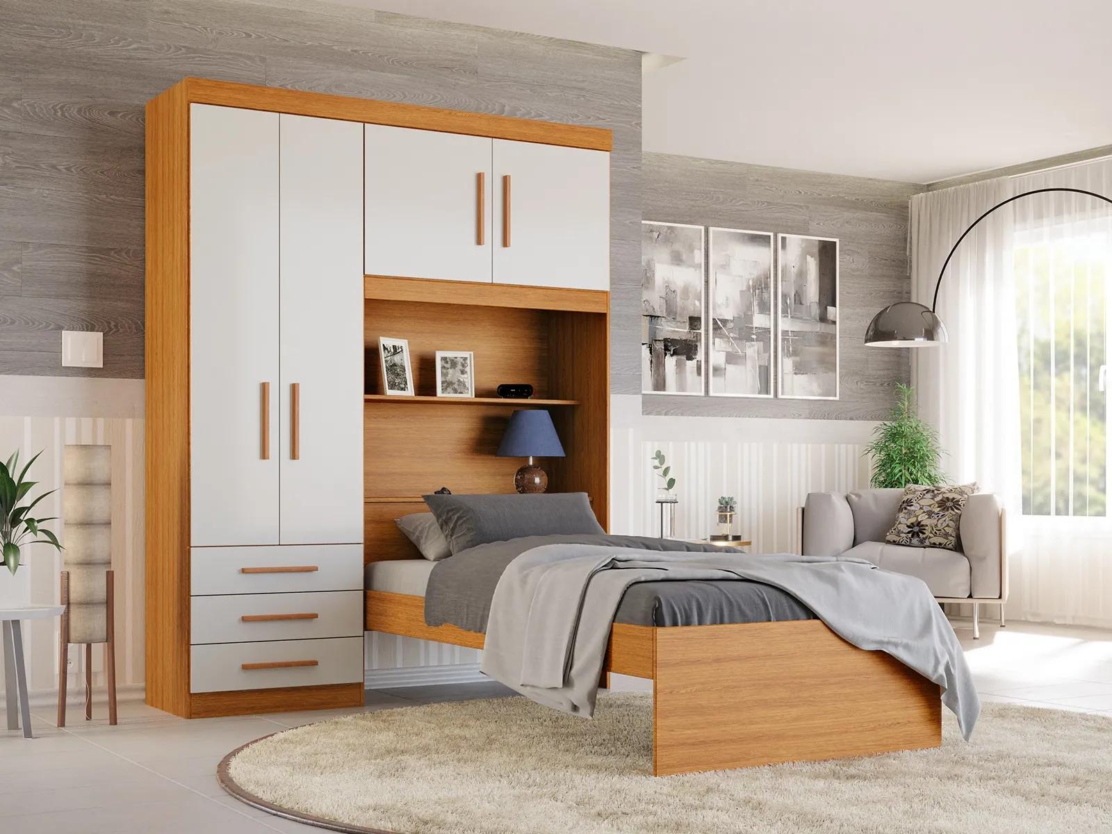 Kit 3x1 Guarda Roupa Roupeiro De Solteiro + Cama Acoplada + Cabeceira com Baú  Interno Luxo