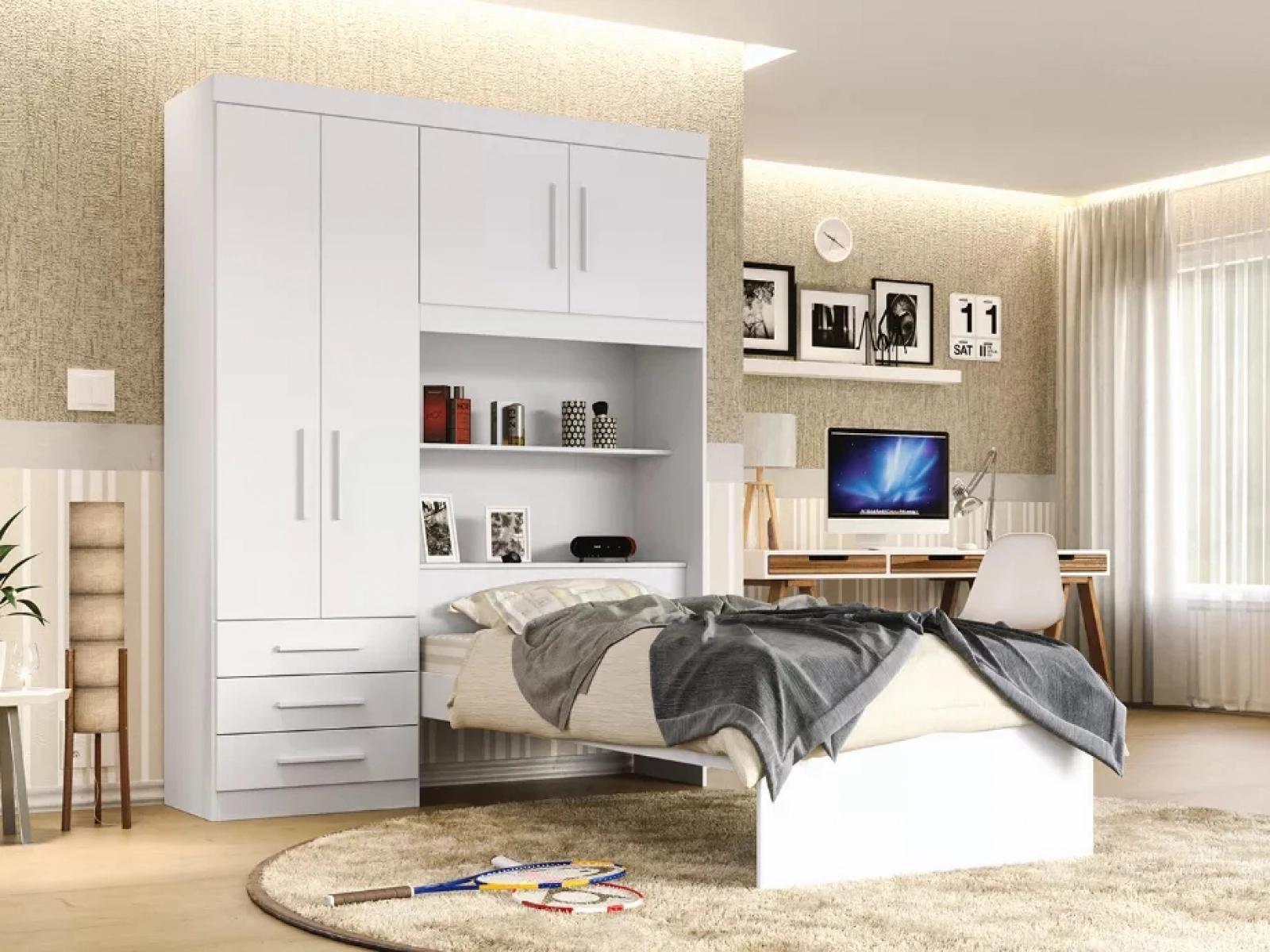 Kit 3x1 Guarda Roupa Roupeiro De Solteiro Branco  + Cama Acoplada + Cabeceira com Baú Interno Luxo