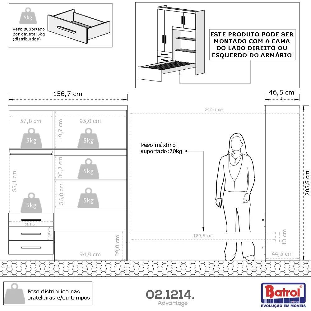Kit 3x1 Guarda Roupa Roupeiro De Solteiro Branco  + Cama Acoplada + Cabeceira com Baú Interno Luxo
