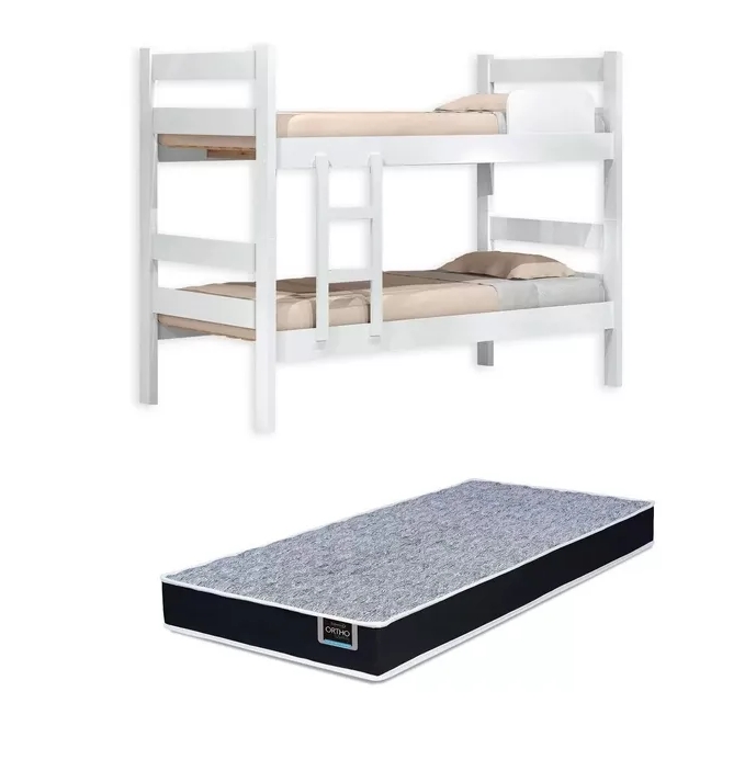 Kit Beliche De Solteiro Branca com Escada Madeira Reforçada 100% Mdf + 1 Colchão de Espuma D28 Solteiro