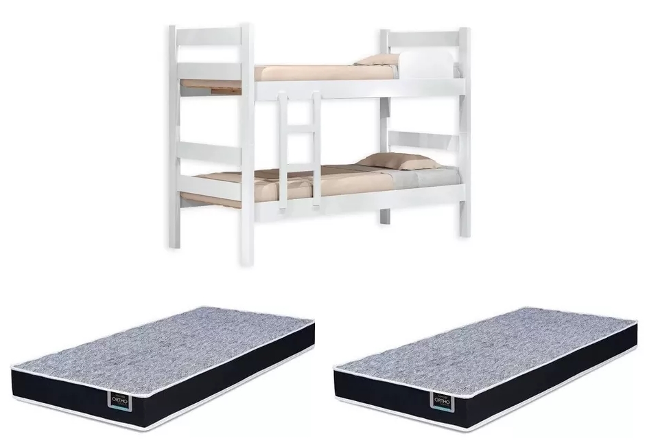 Kit Beliche De Solteiro Branca com Escada Madeira Reforçada 100% Mdf + 2 Colchão de Espuma D28 Solteiro