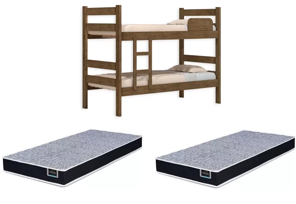 Kit Beliche De Solteiro Marrom com Escada Madeira Reforçada 100% Mdf + 2 Colchão de Espuma D28 Solteiro