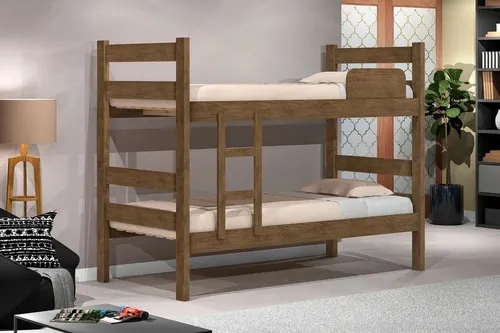 Kit Beliche De Solteiro Marrom com Escada Madeira Reforçada 100% Mdf + 2 Colchão de Espuma D28 Solteiro