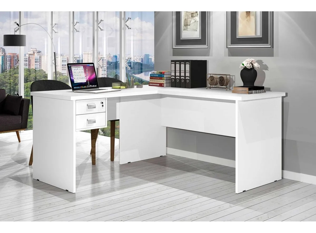 Mesa Para Escritório Trabalhar Em L Branca de Madeira Espaçosa Com 2 Gavetas e 1 Chave Tampo Reforçado Espaçosa