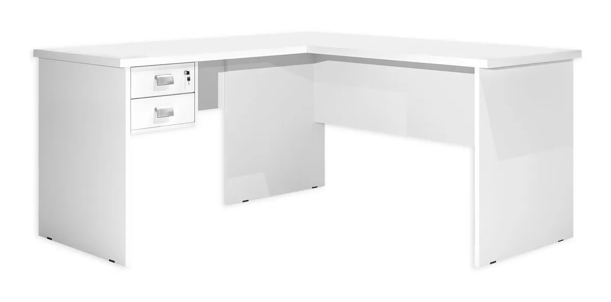 Mesa Para Escritório Trabalhar Em L Branca de Madeira Espaçosa Com 2 Gavetas e 1 Chave Tampo Reforçado Espaçosa