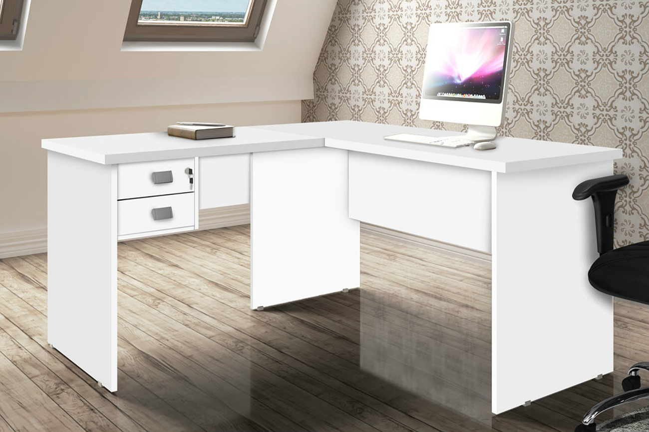 Mesa Para Escritório Trabalhar Em L Branca de Madeira Espaçosa Com 2 Gavetas e 1 Chave Tampo Reforçado Espaçosa
