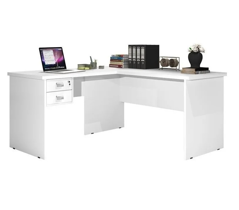 Mesa Para Escritório Trabalhar Em L Branca de Madeira Espaçosa Com 2 Gavetas e 1 Chave Tampo Reforçado Espaçosa