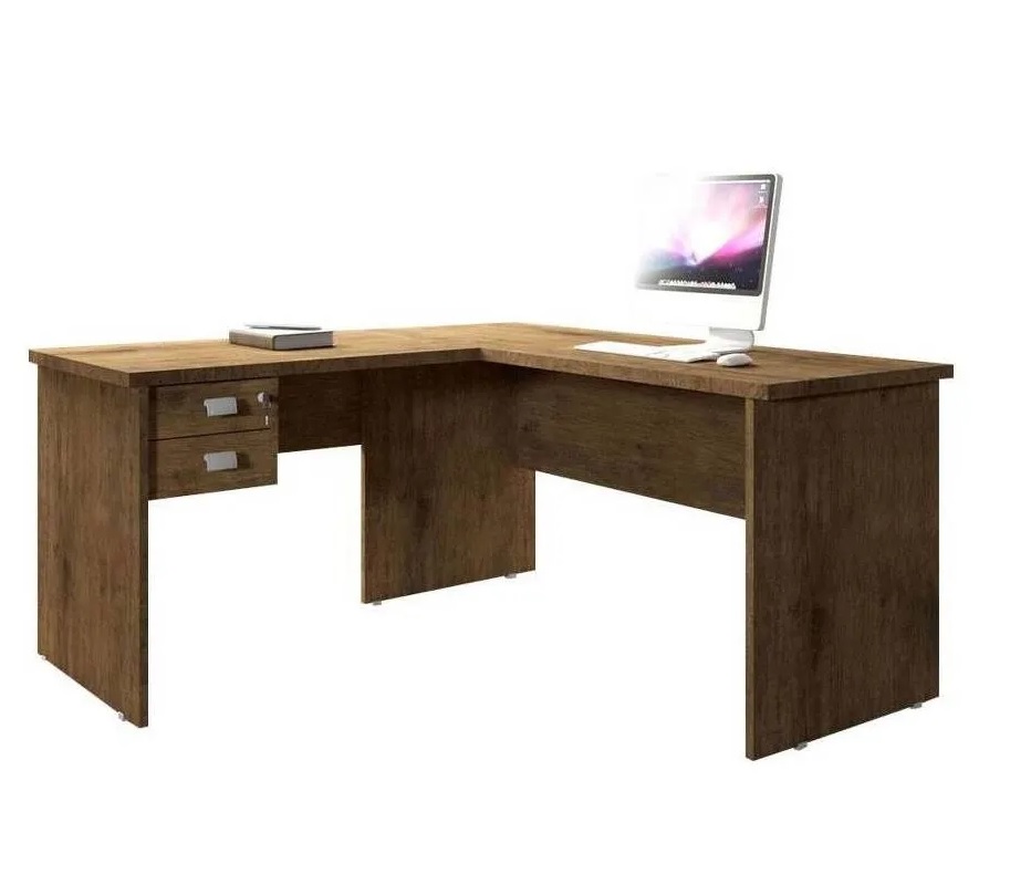 Mesa Para Escritório Trabalhar Em L Marrom de Madeira Espaçosa Com 2 Gavetas e 1 Chave Tampo Reforçado Espaçosa