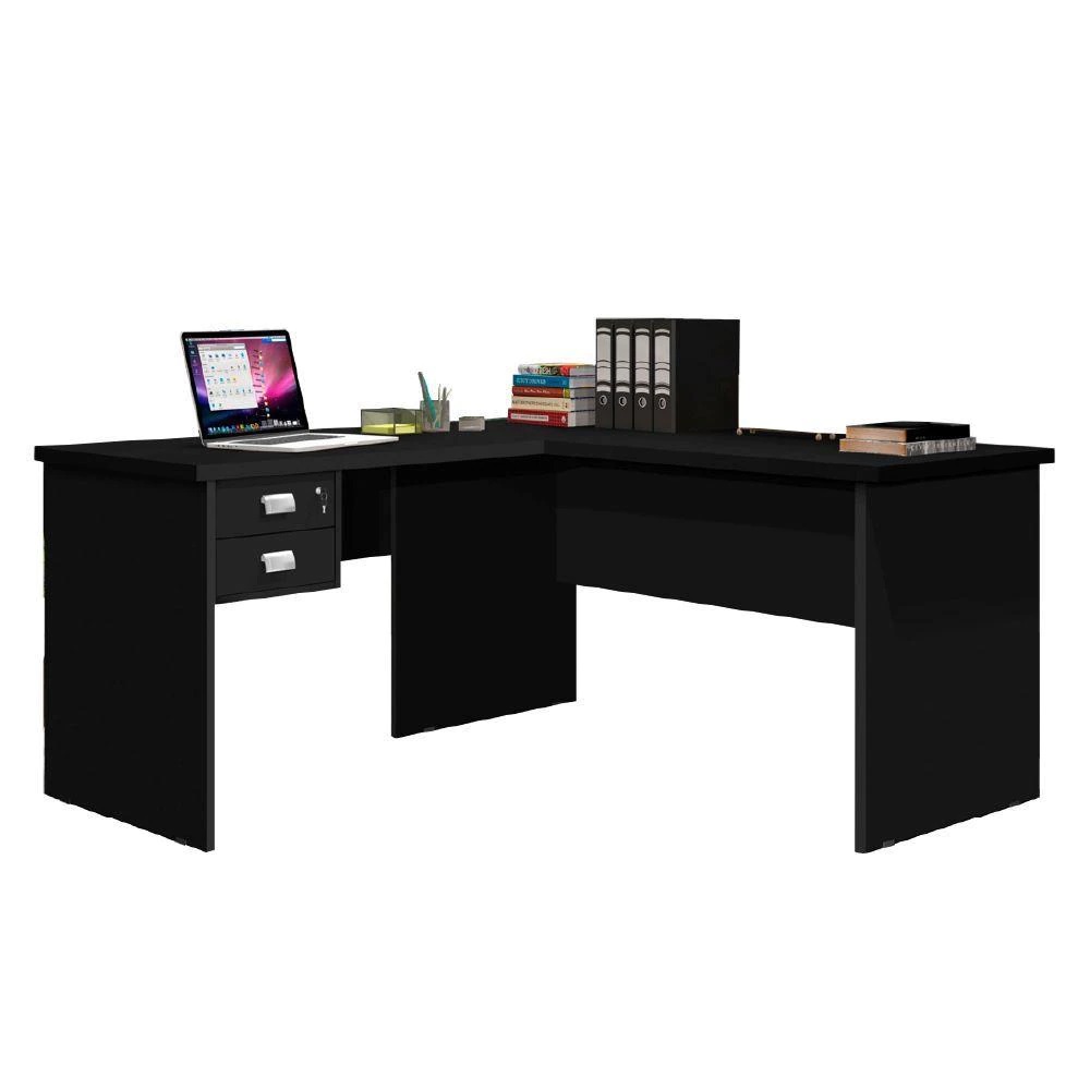 Mesa Para Escritório Trabalhar Em L Preta de Madeira Espaçosa Com 2 Gavetas e 1 Chave Tampo Reforçado Espaçosa