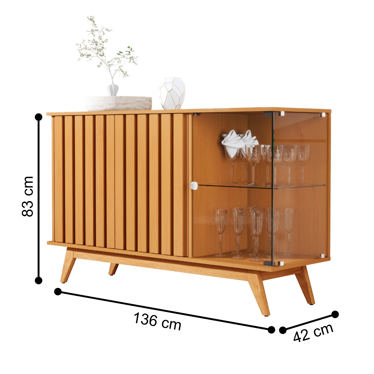 Buffet Ripado com 3 Portas e Base de Madeira Paris Nature