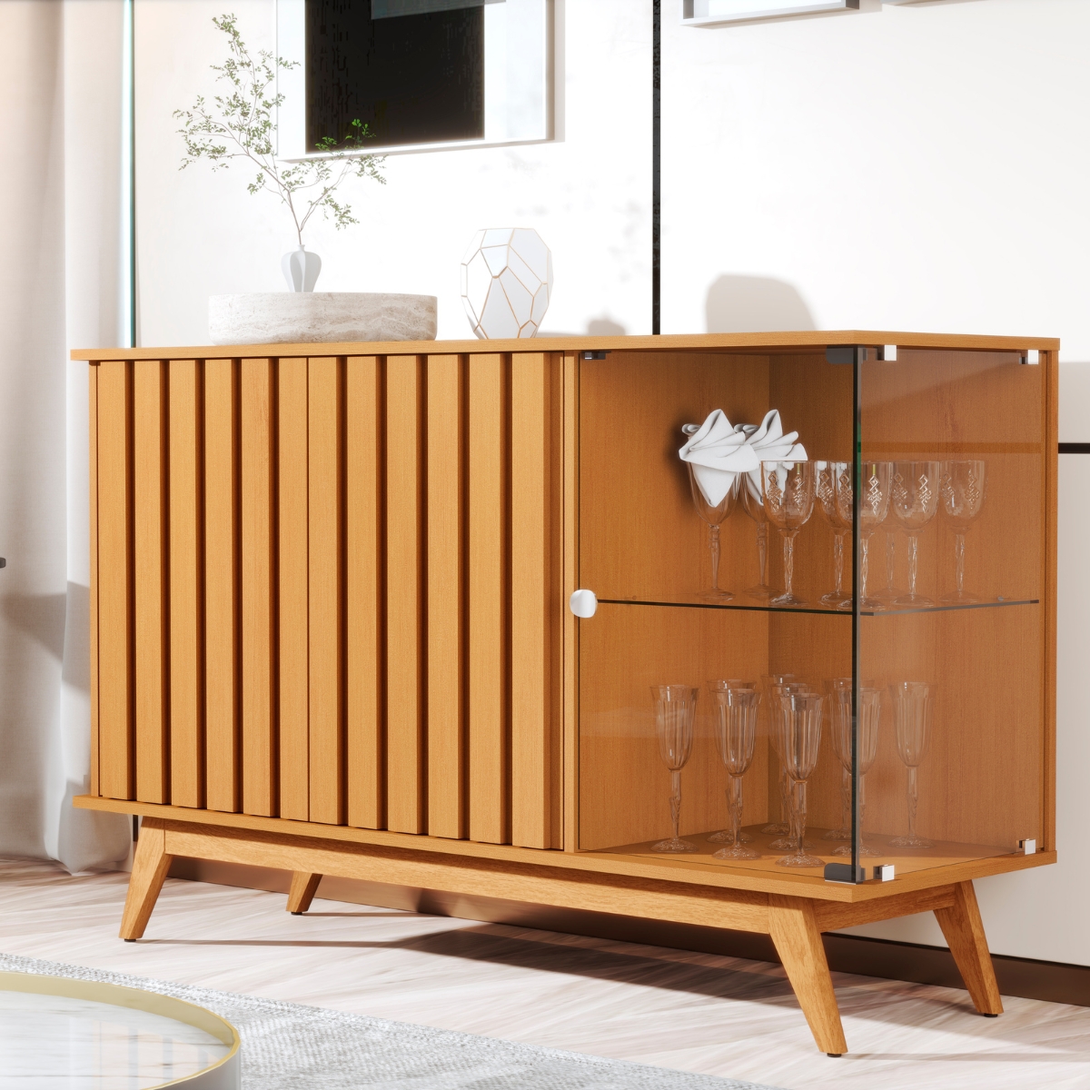 Buffet Ripado com 3 Portas e Base de Madeira Paris Nature
