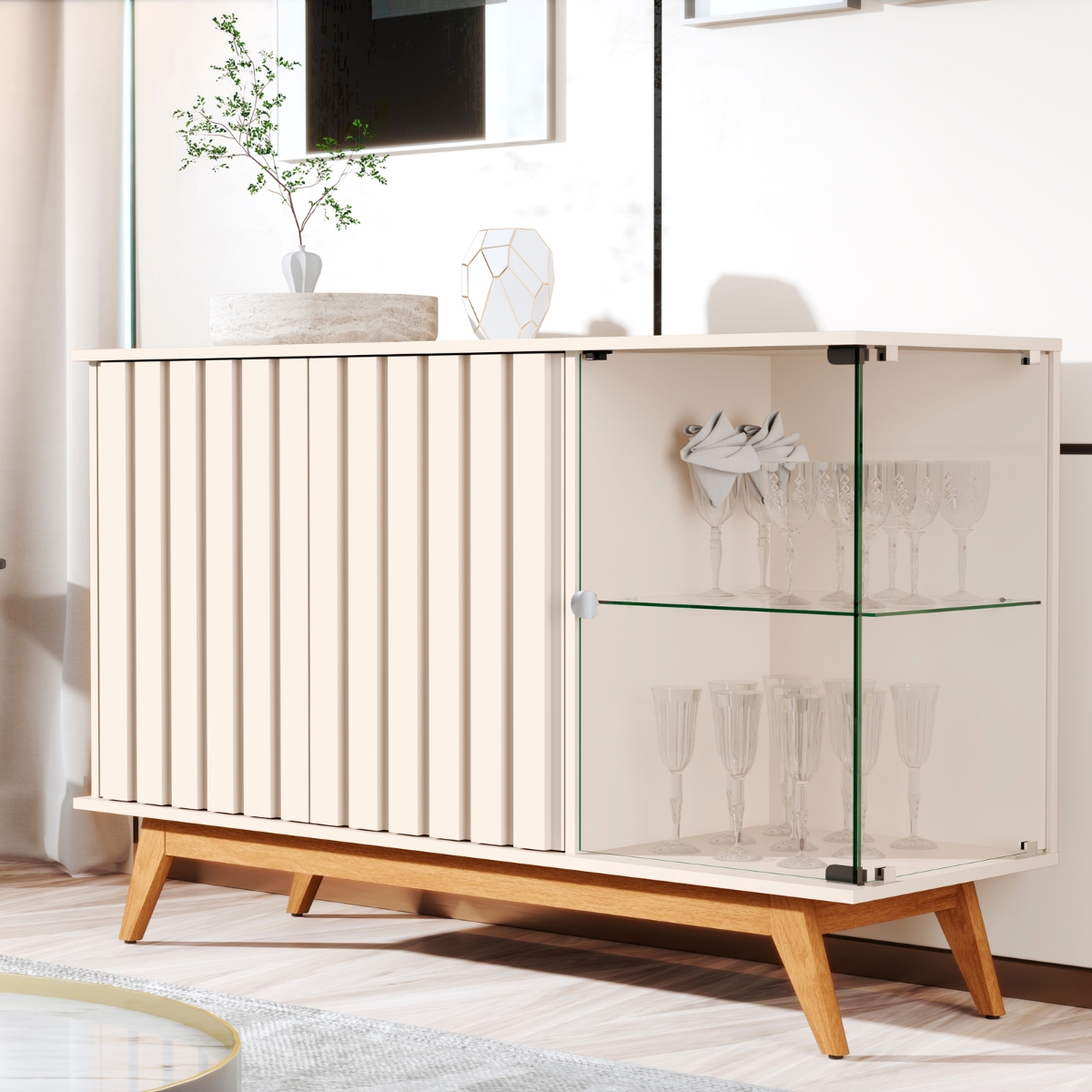 Buffet Ripado com 3 Portas e Base de Madeira Paris Pérola