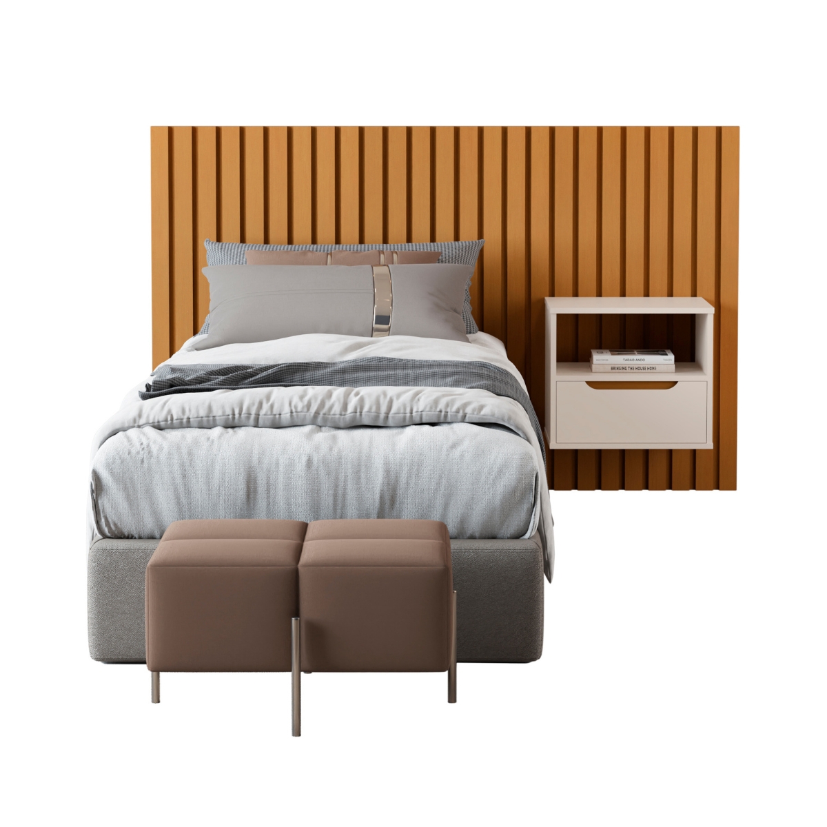 Cabeceira Para Cama Solteiro com 1 Mesa Foggia Nature Pérola