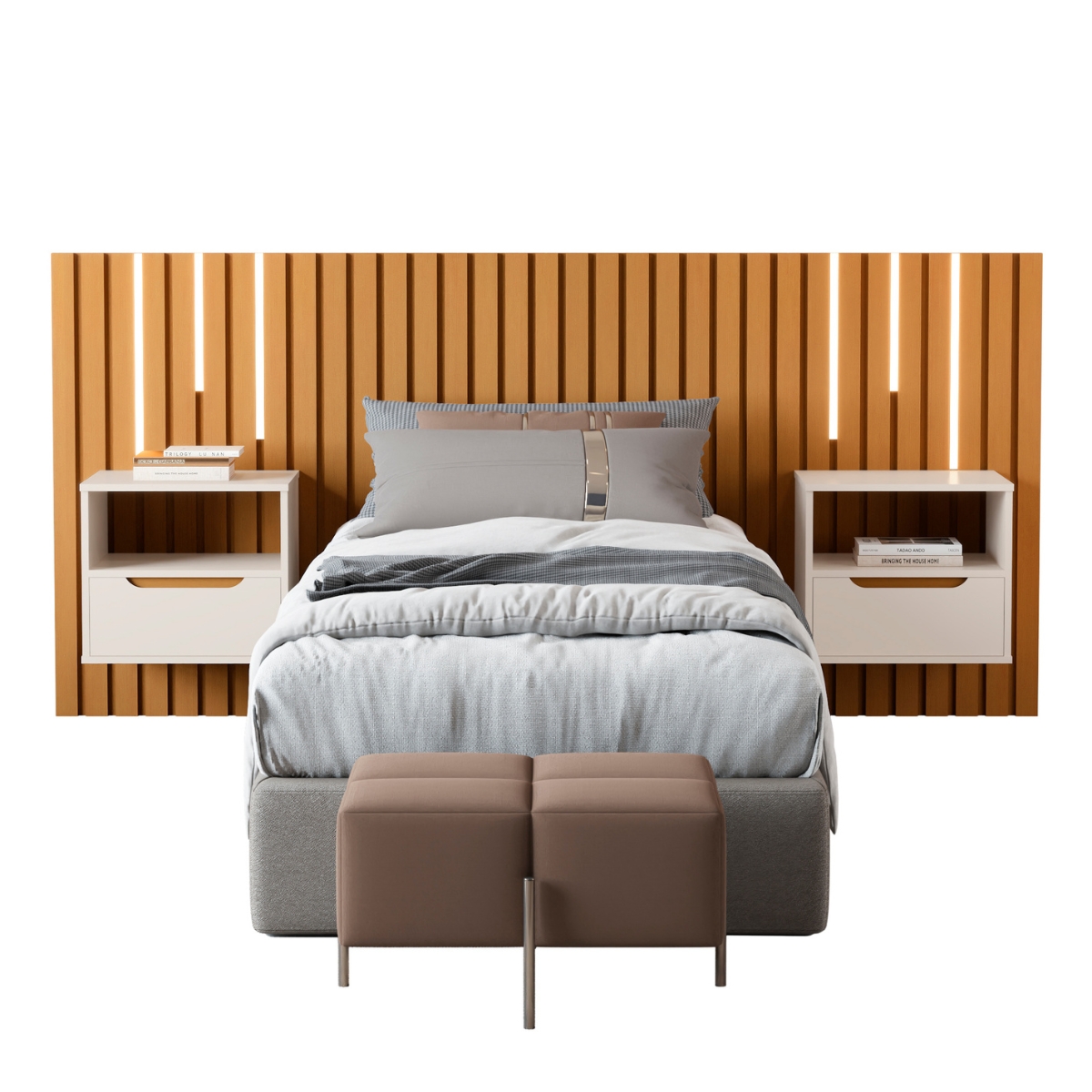 Cabeceira Ripada Cama de Casal com Led Naha Nature Preto