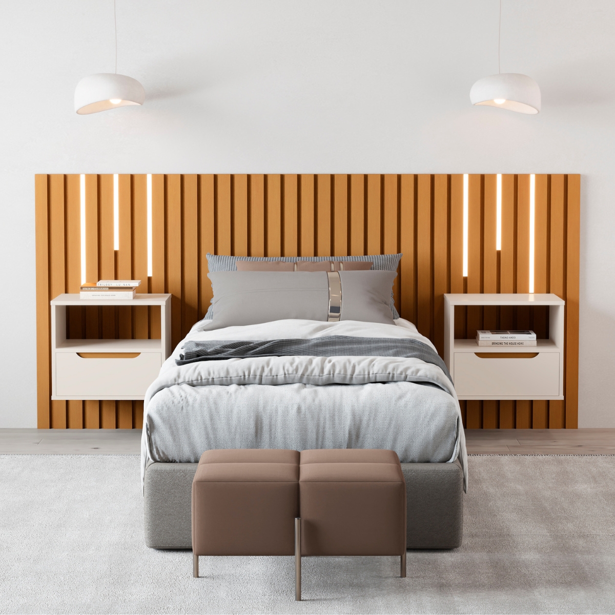 Cabeceira Ripada Cama de Casal com Led Naha Nature Preto