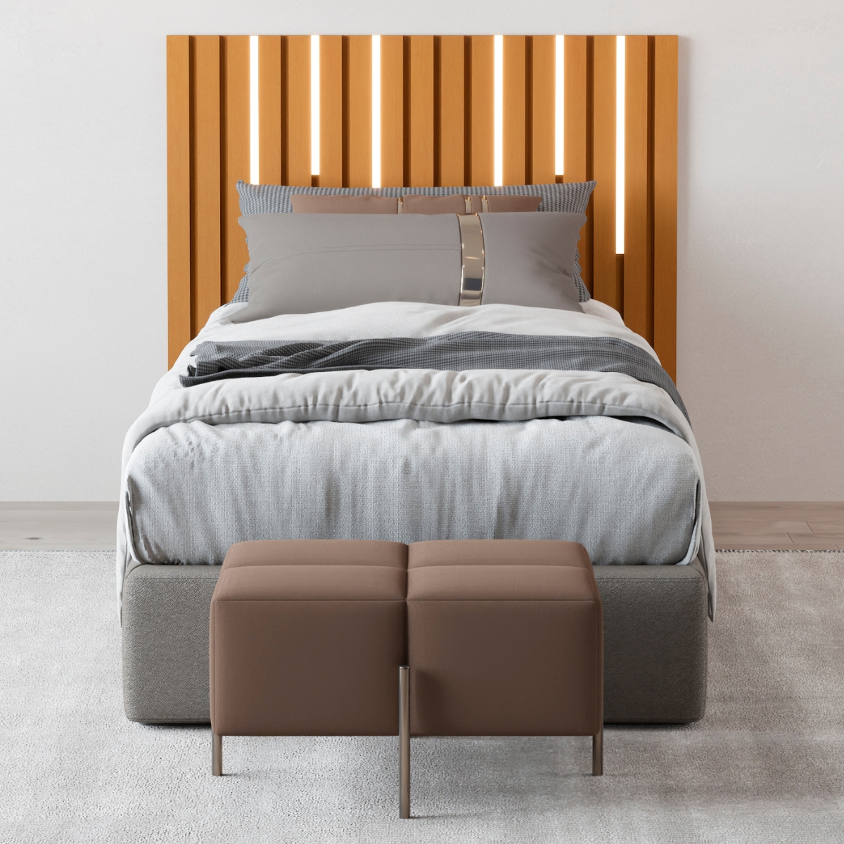 Cabeceira Ripada Cama de Solteiro com Led Nagoia Nature