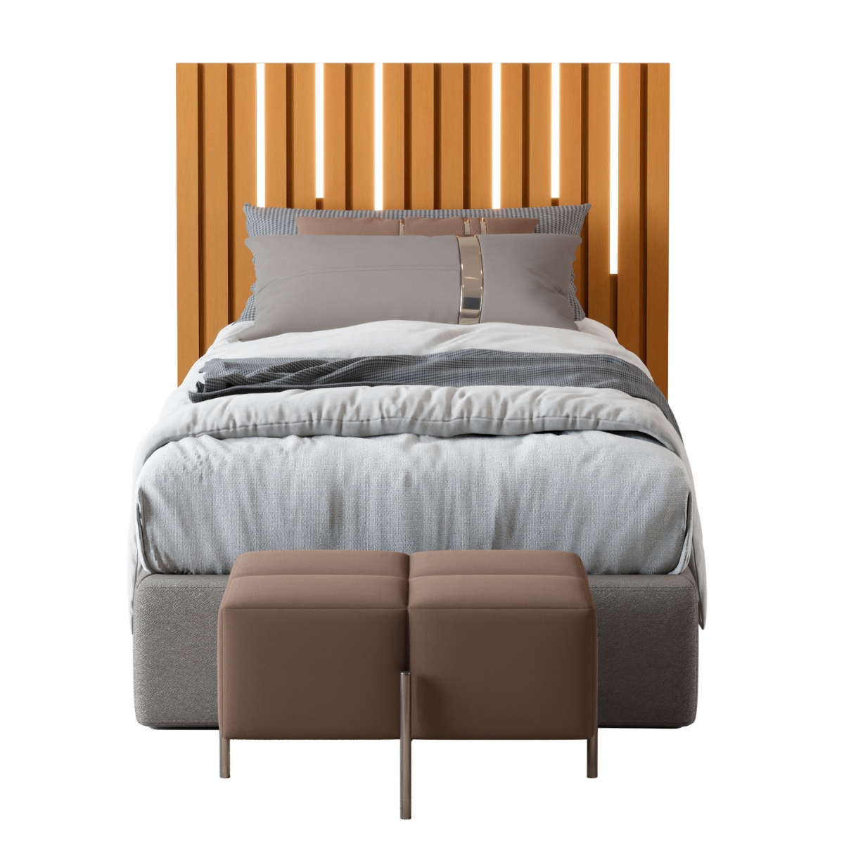 Cabeceira Ripada Cama de Solteiro com Led Nagoia Nature