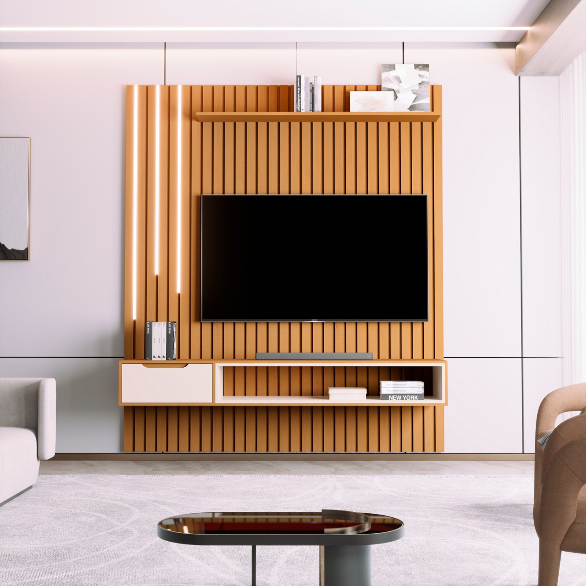 Home Ripado com Rack Suspenso e Led Saikai Nature Pérola