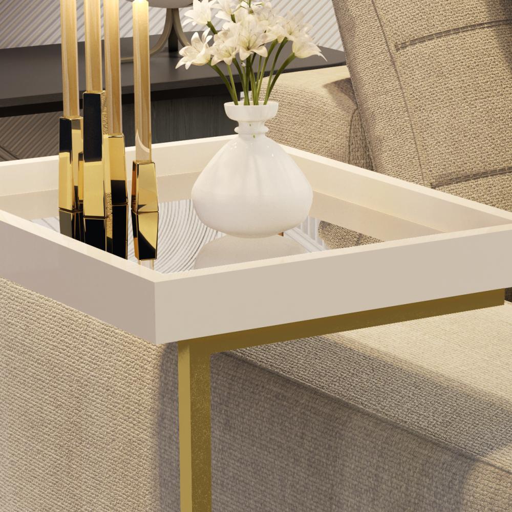 Mesa Lateral Apoio Para Sofá Com Espelho JB 4774 - Pérola com Dourado - Lojas RPM