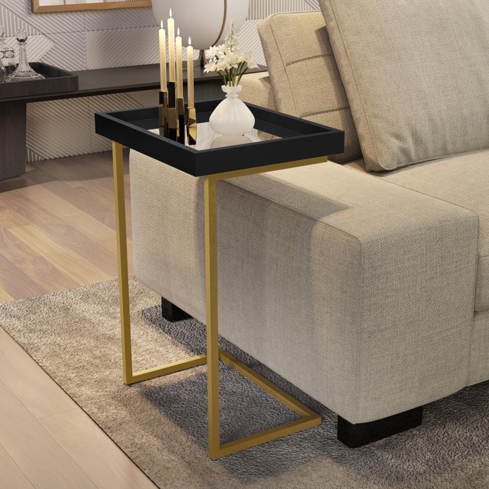 Mesa Lateral Apoio Para Sofá Com Espelho JB 4774 - Preto com Dourado - Lojas RPM