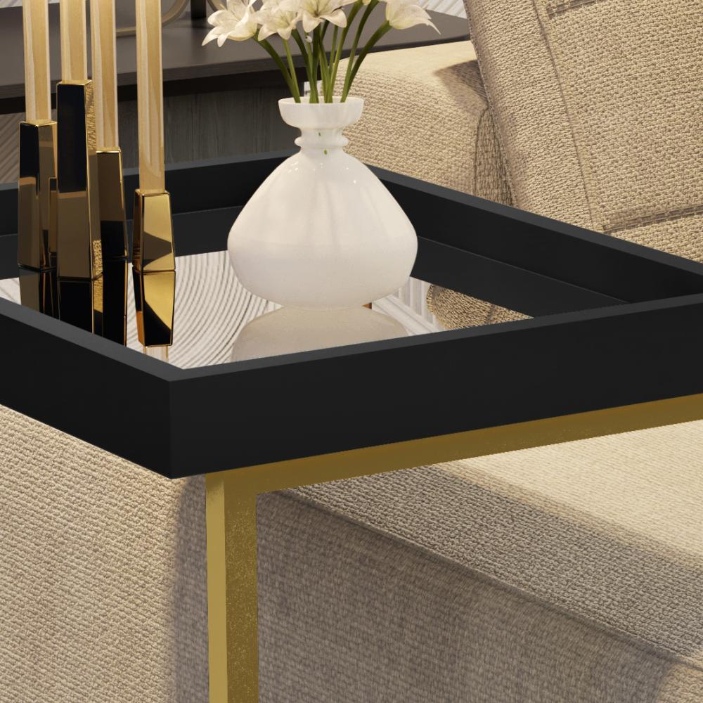 Mesa Lateral Apoio Para Sofá Com Espelho JB 4774 - Preto com Dourado - Lojas RPM