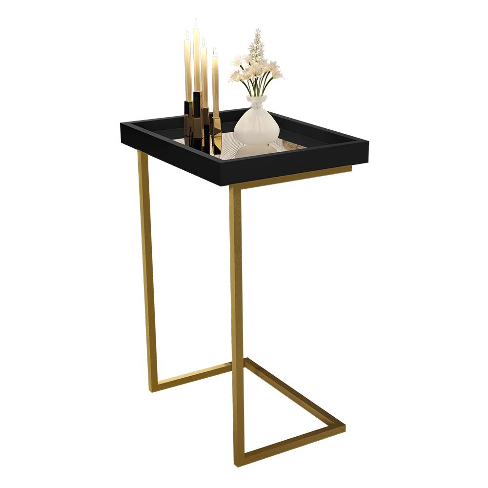 Mesa Lateral Apoio Para Sofá Com Espelho JB 4774 - Preto com Dourado - Lojas RPM