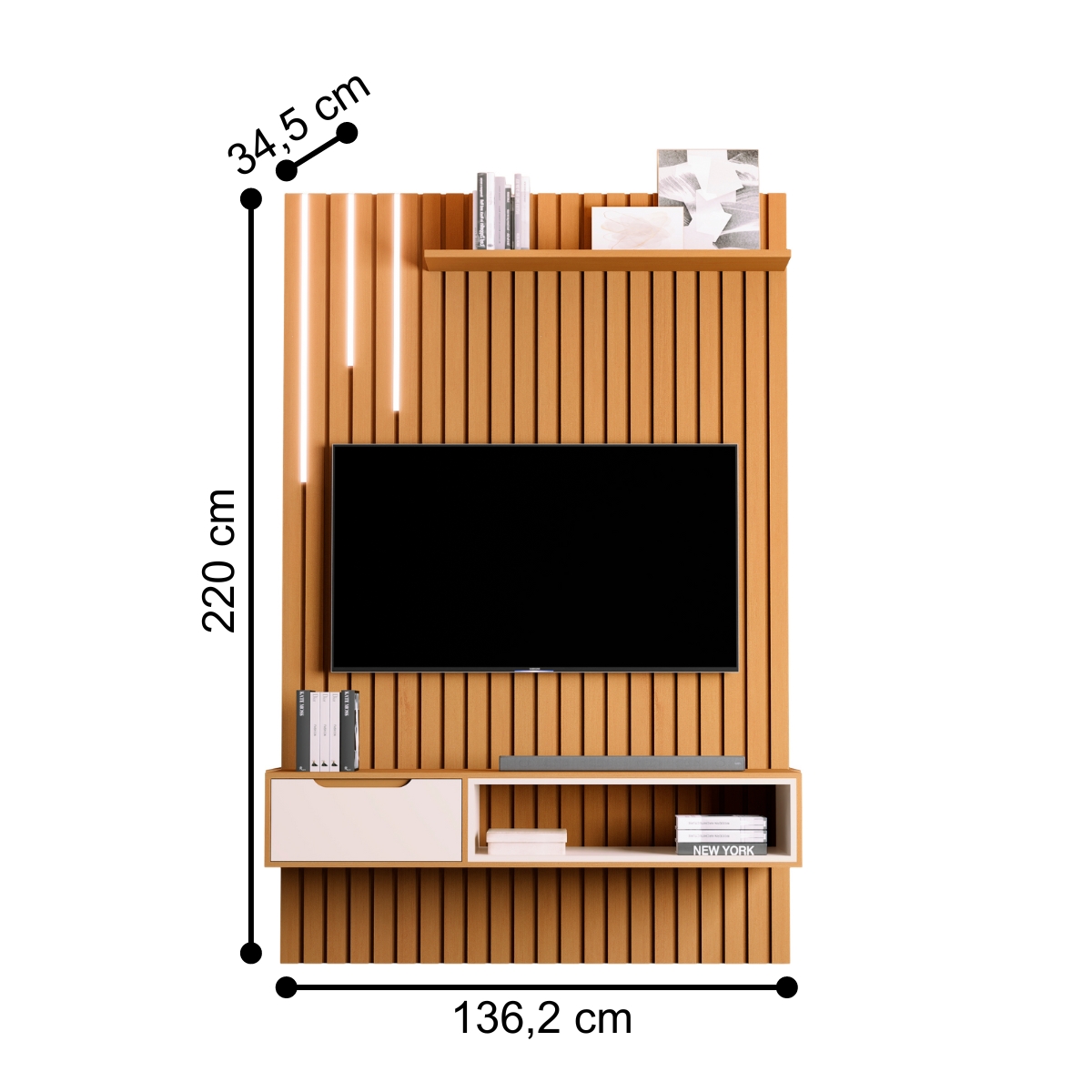 Rack e Painel Ripado com 1 Gaveta e Led Tsuru Nature Pérola