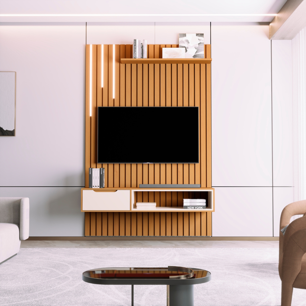 Rack e Painel Ripado com 1 Gaveta e Led Tsuru Nature Pérola