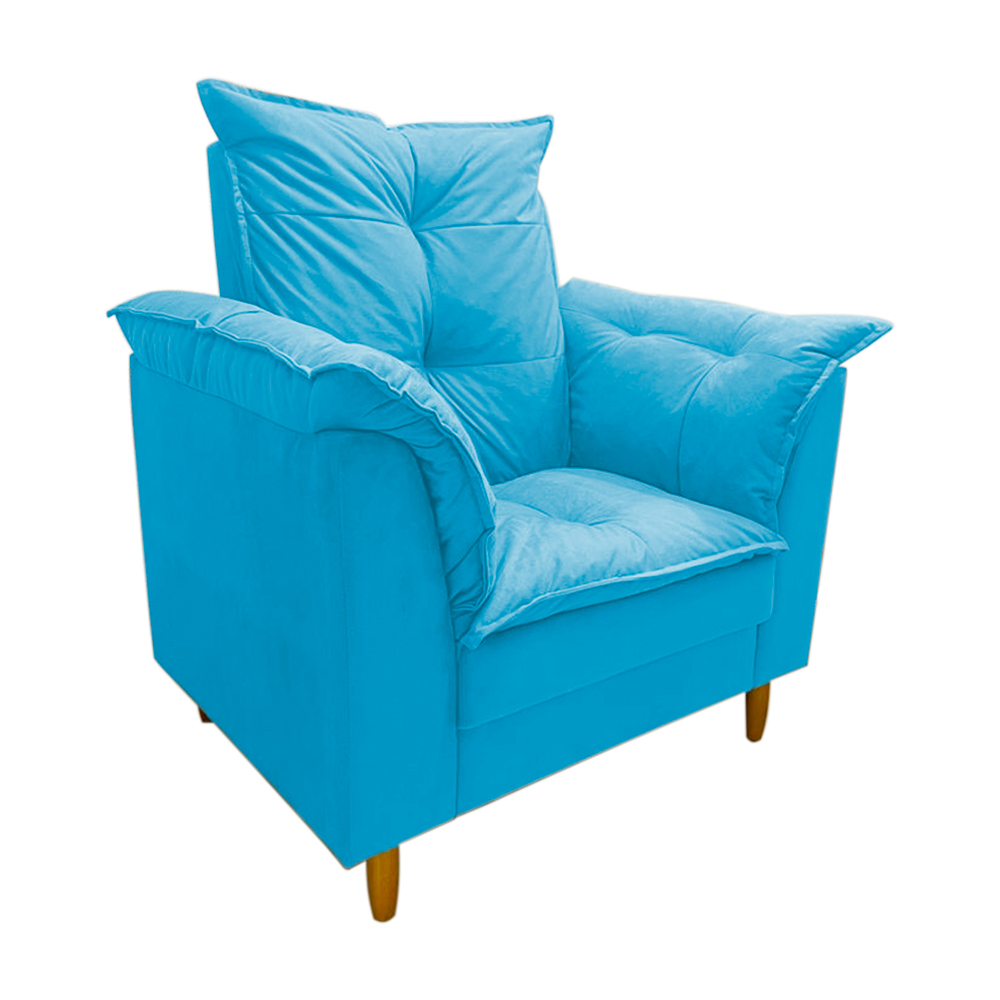 Poltrona de Amamentação + Puff Luana Pés Madeira Suede Azul Tiffany